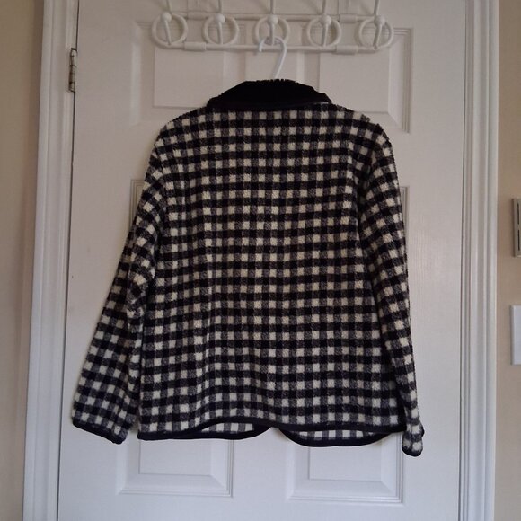 Talbots Vintage Women's Small Black & White Plaid Velvet Trim Fleece Jacket - Picture 4 of 14